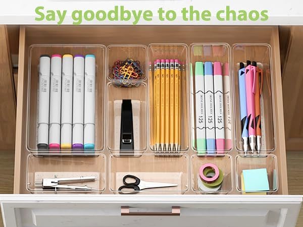 25 Piece Clear Drawer Organizer Set, 4 Sizes Bathroom Vanity Organizer Trays and Storage Bins for Makeup, Cosmetics, Jewelry, and Gadgets. Perfect for Office, Kitchen, Bedroom, Bathroom Use. - size: 25pcs-4size