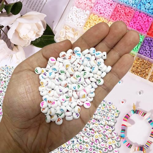 500PCS 4x7mm Acrylic Letter Beads F for Friendship Bracelets Jewelry Making, White Round Flat Acrylic with Colourful Alphabet Beads for DIY Crafts Bracelets Necklaces Key Chains Phone Lanyard - color: F(colourful on white)