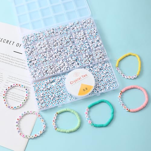 Acrylic Letter Beads 4mm Flat Round, 6mm Square - Beads for Making Friendship Bracelet or Necklace (26 Pieces of Flat Round White with Blue) - color: 26 pieces of flat round white with blue