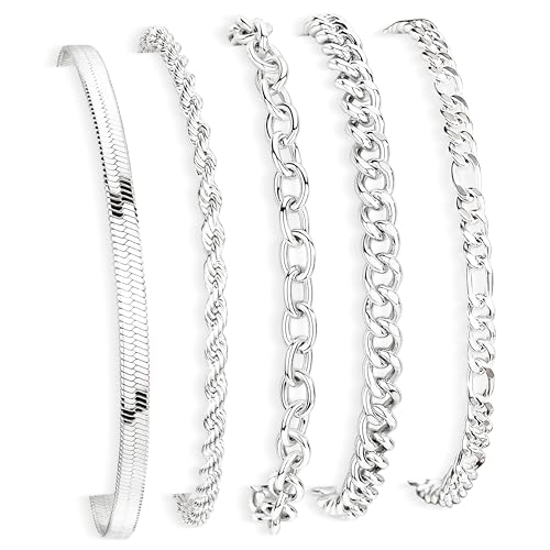 Gold Bracelets Set for Women Stack, Chunky Thick Bracelets Stack for Women Trendy, Simple Dainty Thin Gold Plated Cuff Stackable Bracelets With Beaded Cuban Paperclip Snake Rope Bangle Hand Chain Jewelry - style: Style 02-silver