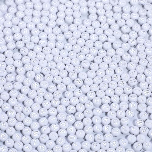 Acrylic Letter Beads Alphabet Silver Letters White Round Bead, 4×7mm 1200pcs, for Friendship Bracelets and Gifts Souvenir Jewelry Making - color: Silver Letter White Beads, size: 4×7mm(Round)