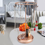 BELLE VOUS Copper Metal Rotating Jewellery Holder Display Stand (23 Hooks) - H34.8 x W20.5cm / 13.70 x 8.07 Inches - Hanging Organiser Tower Rack - Storage for Necklaces & Bracelets, Rings & Earrings