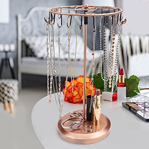 BELLE VOUS Copper Metal Rotating Jewellery Holder Display Stand (23 Hooks) - H34.8 x W20.5cm / 13.70 x 8.07 Inches - Hanging Organiser Tower Rack - Storage for Necklaces & Bracelets, Rings & Earrings
