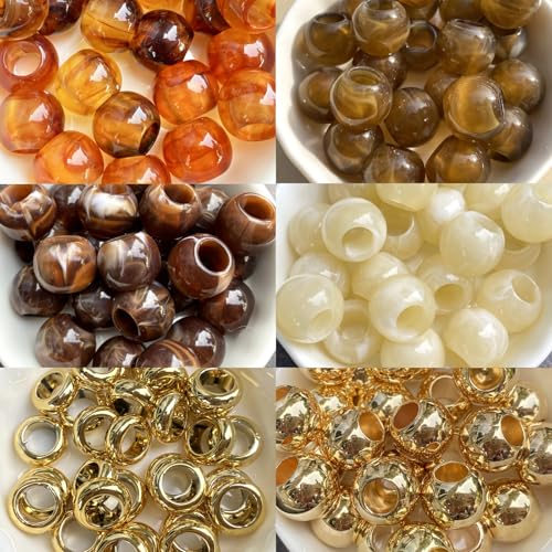 120Pcs African Hair Beads for Braids for Women Jumbo Hair Bead for Large Braids Brown Pony Beads for Braiding Jewelry Making Macrame Crafts Beading Supplies - color: amber, khaki, reddish brown, beige, heishi gold, gold round