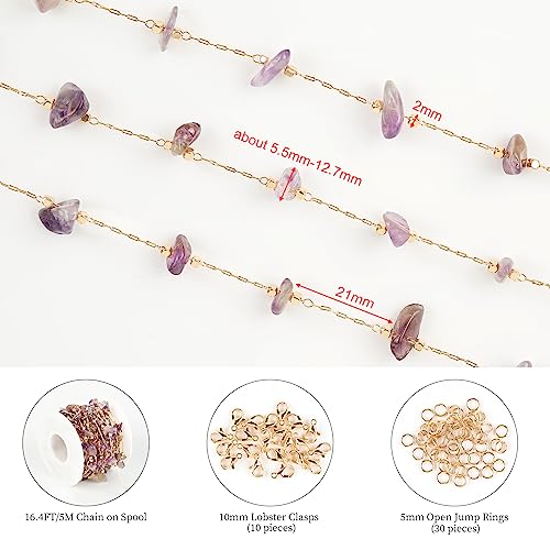 KYUNHOO 5 Meters Gold Plated Brass Chain for Jewelry Making Purple Irregular Natural Stone Crystal Necklace Chains Bulk with Jump Rings and Lobster Clasps - color: Natural Stone-Purple