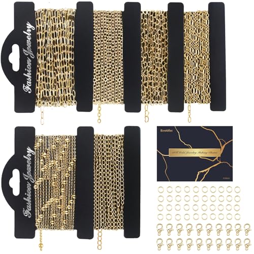 14k Gold Necklace Chains for Jewelry Making, Total 20 Feet 6 Rolls Bracelet Chains for DIY, 3.3 Feet Each Style, 14K Gold Plated Chain with Jump Rings/Lobster Clasps/Connectors - color: 14k Gold-20 Feet 6 Rolls