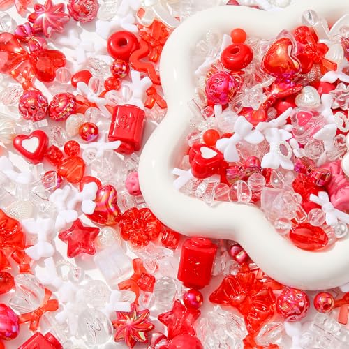 500g Acrylic Assorted Beads Flower Star Butterfly Candy Acrylic Kawaii Beads for Keychain Bracelets Jewelry Making DIY Plastic Crafts (Red) - color: Red