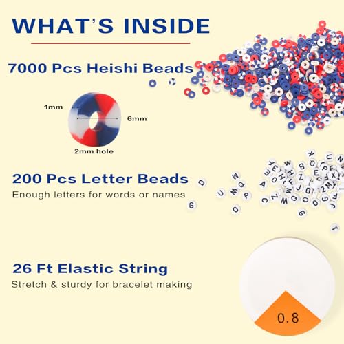 ADIIL 7200pcs Clay Beads Bracelet Making Kit, 6mm Polymer Heishi Beads for Jewelry Making, Friendship Bracelet Kit Birthday Gift for Adults Red Blue White - color: Red Blue White