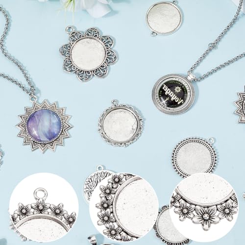 SUNNYCLUE 1 Box 20Pcs 25mm Blank Bezel Pendant Trays Round Bezel Pendant Trays Antique Silver Metal Flower Base Cabochons Settings Charms for Jewelry Making Photo Findings Necklace DIY Craftings - style: Style 2