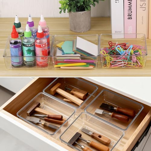 6 Pcs Large Clear Plastic Drawer Organizers Tray 6" x 6" Storage Bins with 25 Pcs Non-Slip Pads for Makeup, Jewelries, Kitchen Utensils, Bathroom and Office - size: 6"x6"