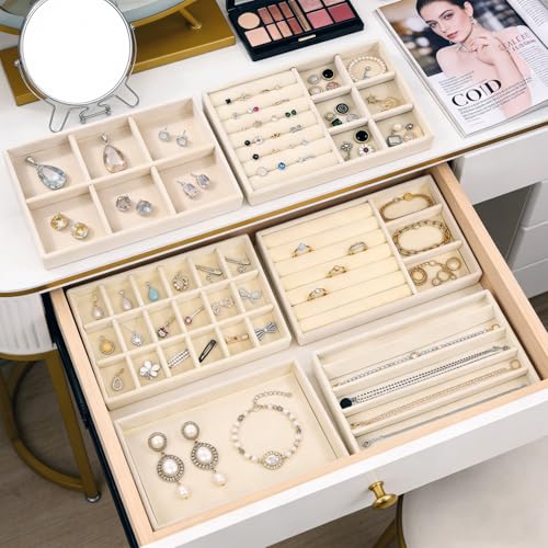 Velvet Jewelry Organizer for Drawer, 6-Piece Stackable Jewelry Trays with Removable Dividers, Drawer Organizer Inserts Set with 2 Cleaning Cloths for Women Dresser Vanity, Beige