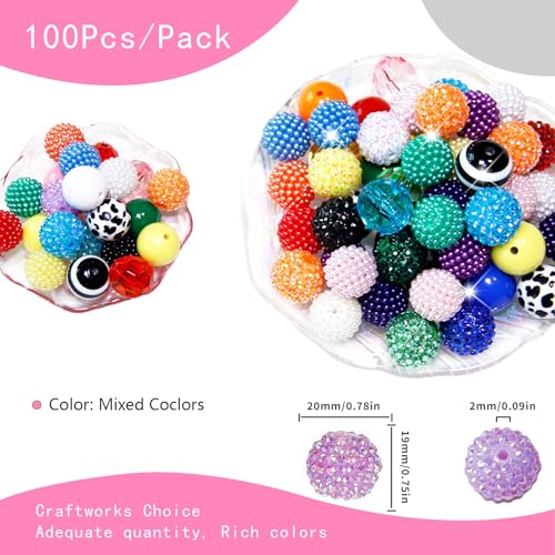 100 Pcs 20mm Beads for Pens Rhinestone Bubblegum Beads Mixed Crystal Acrylic Round Chunky Bead Sparkly Craft Large Balls Bead for Pen Beadable Keychain Bracelet Necklace DIY Jewelry Making Supplies - color: Rainbow