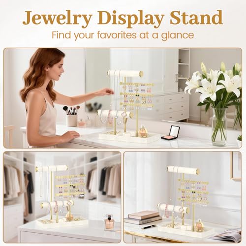 MODOWEY Necklace Holder Earring Stand Organizer, Wooden Velvet Bracelet Tree Rack with Ring Tray for Vendor Women Display Selling, Countertop T Bar Jewelry Tower Keep Everything Visible & Within Reach - color: Beige