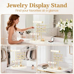 MODOWEY Necklace Holder Earring Stand Organizer, Wooden Velvet Bracelet Tree Rack with Ring Tray for Vendor Women Display Selling, Countertop T Bar Jewelry Tower Keep Everything Visible & Within Reach - color: Beige