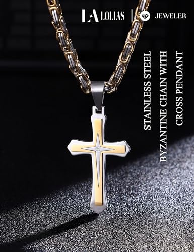 LOLIAS Black 14K Gold Plated 𝐂𝐫𝐨𝐬𝐬 𝐍𝐞𝐜𝐤𝐥𝐚𝐜𝐞 for Men Stainless Steel 𝐁𝐲𝐳𝐚𝐧𝐭𝐢𝐧𝐞 Chain With Cross Pendant Necklace 𝐌𝐞𝐧𝐬 𝐆𝐢𝐟𝐭 22-30Inch - color: Gold plated necklace with pendant, size: 30IN