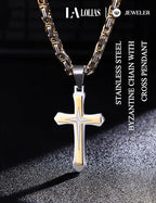 LOLIAS Black 14K Gold Plated 𝐂𝐫𝐨𝐬𝐬 𝐍𝐞𝐜𝐤𝐥𝐚𝐜𝐞 for Men Stainless Steel 𝐁𝐲𝐳𝐚𝐧𝐭𝐢𝐧𝐞 Chain With Cross Pendant Necklace 𝐌𝐞𝐧𝐬 𝐆𝐢𝐟𝐭 22-30Inch - color: Gold plated necklace with pendant, size: 28IN