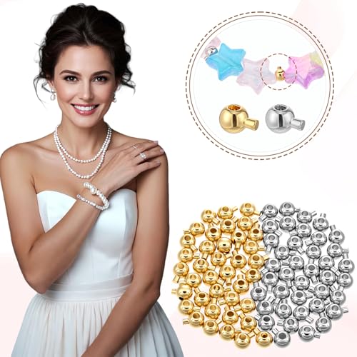 Psyqtsuary 80 Pcs Gold Silver Round Crimp Beads for Jewelry Making Brass Metal Round Crimp-Bead Gold Silver Spacer-Beads for DIY Bracelet Jewelry Making (Gold and Silver)