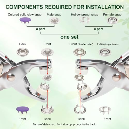 XLYAXOP 200 Sets Snap Button Kit with Press Pliers Fastener Tool, 803Pcs 9.5mm Metal Snaps for Fabric and Sewing in 10 Solid Colors, Durable Snap Buttons for DIY Crafting and Clothing