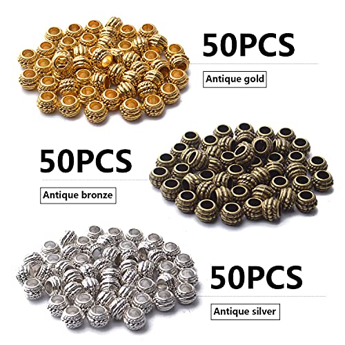 150pcs Spacer Beads Large Hole Tibetan Alloy Rondelle Bead Spacers Column Tube Loose Charms for DIY Jewelry Bracelet Necklace Making Accessory