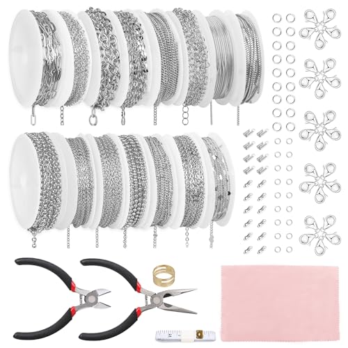 Fesorsi Silver Chain for Jewelry Making, 115ft 15 Style Steel Jewelry Chain, Electroplating Process, for DIY Necklace Chains, Tassel Pendants, with Jump Ring, Lobster Clasp, Pliers - color: Silver, size: 115ft 15Style