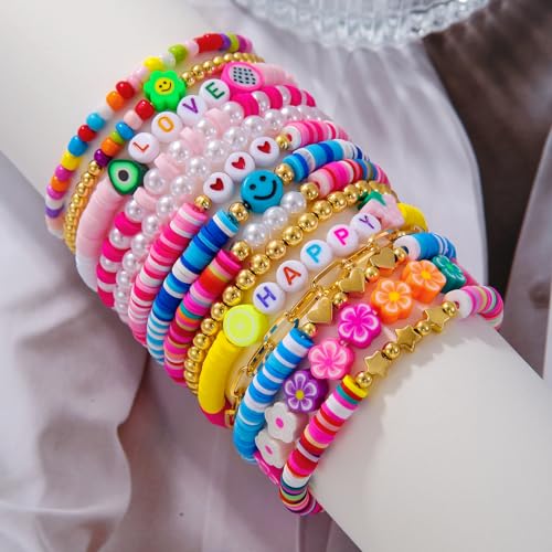 Friendship Bracelets Boho Stackable Bracelets for Women Surfer Heishi Clay Bead Bracelets Stretch Preppy Bracelets Colorful Boho Bracelets for Women - color: 14pcs HAPPY