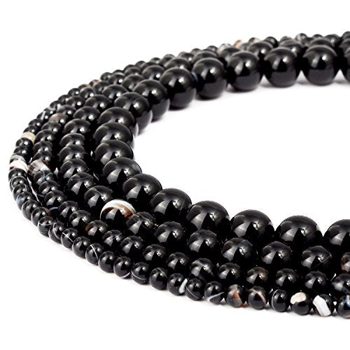 RUBYCA Natural Black Striped Agate Gemstone Round Loose Beads for DIY Jewelry Making 1 Strand - 4mm - color: Black Stripe Agate, size: 4 MM
