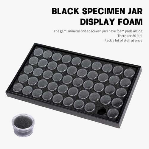 50 Gem Display Case Diamond Gemstone Storage Box, Small Round Plastic Containers Box Jewelry Organizer Container with Foam, Black Foam Gem Jars Showcase with 50 Gemstones Storage Jar