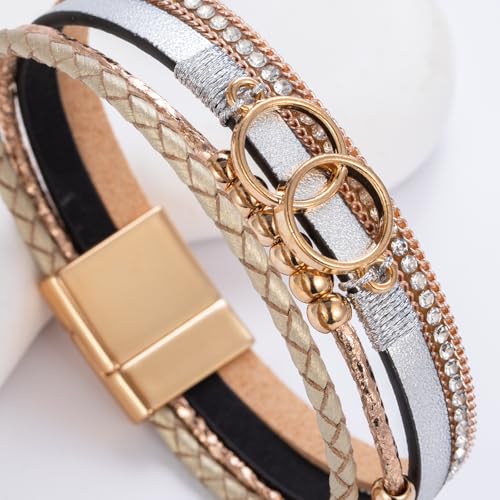 FANCY SHINY Mothers Day Gifts Boho Leather Wrap Bracelet Stackable Infinity Chunky Cuff Bracelets Western Hippie Outfits Jewelry Valentine Gifts for Women - color: Gold/Silver
