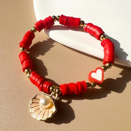 QiQnHngD 10 Strands Red Clay Beads for Friendship Bracelets, Heishi Beads for Bracelet Stack, Flat Spacers for Jewelry Making (Red) - color: Red