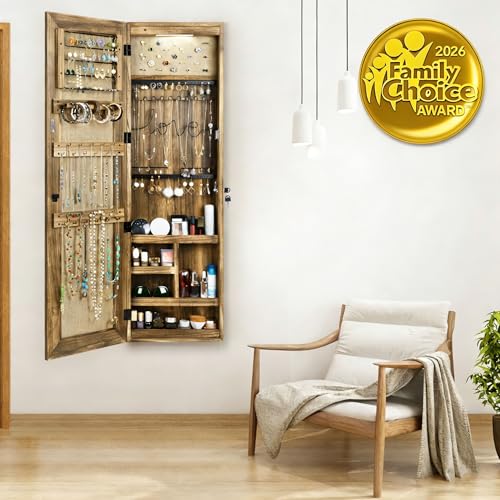 SRIWATANA Jewelry Armoire Cabinet, Solid Wood Jewelry Organizer with Full Length Mirror Wall/Door Mounted(Carbonized Black) - color: carbonized black