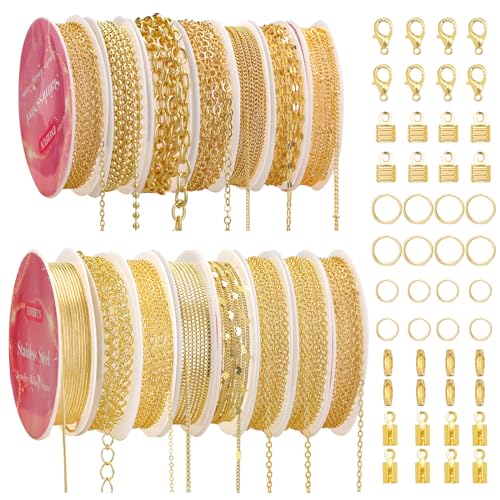 ENERFUN Gold Necklace Chains for Jewelry Making, 112 Feet 15 Rolls Chains Bulk for DIY Necklace Bracelet Making Accessories with Jump Rings Lobster Clasps Connectors - color: Gold