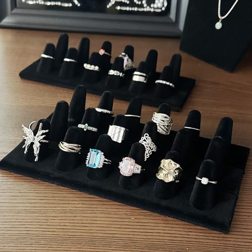 Ring Display, Black Velvet 12-Finger Ring Holder Stand, Jewelry Display for Vendors Retail, Ring Organizer for Girls Dresser