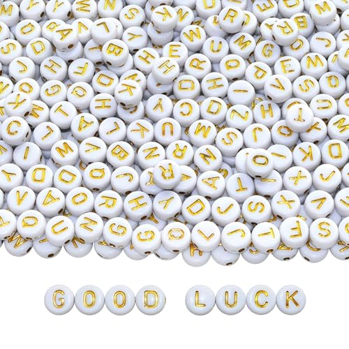 Amaney 1000pcs Gold Letter Beads 74mm White Round Acrylic Alphabet Beads for Jewelry Making Bracelets Necklaces Key Chains - color: White&Gold