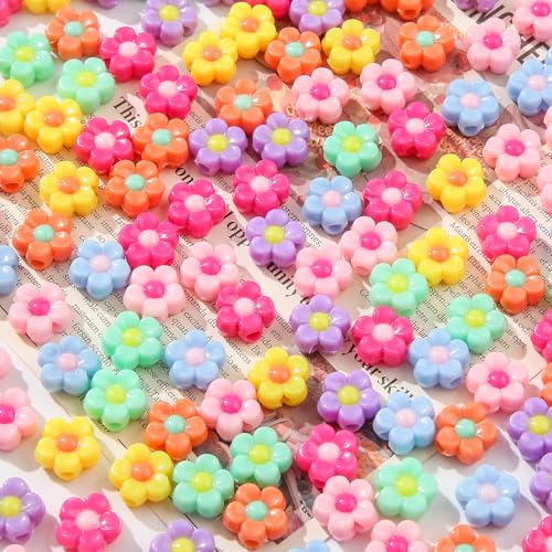200pcs Colorful Flower Beads Rainbow Daisy Flower Beads Acrylic Beads for Jewelry Making Handmade DIY Bracelet, Charms Keychain Craft Supplies (Daisy) - color: rainbow flower
