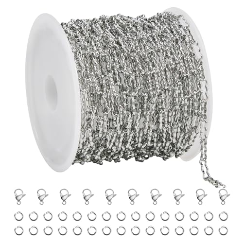 SMYHTGLIF 5 Meters Silver Soldered Peanut Chain for Jewelry Making Stainless Steel Bulk Chain Roll with Lobster Clasps and Jump Rings - color: Silver