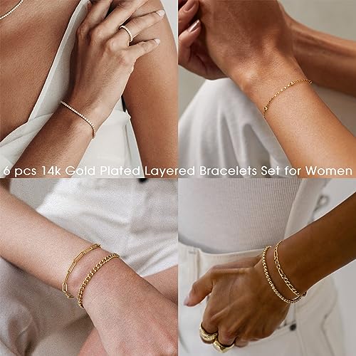 adoyi Gold Bracelets for Women, 14K Gold Plated Stackable Bracelet Stack Set Adjustable Charm Paperclip Chain Cuban Link Layered Waterproof Jewelry Sets Gifts for Womens - color: Gold 6.5 IN General Wrist