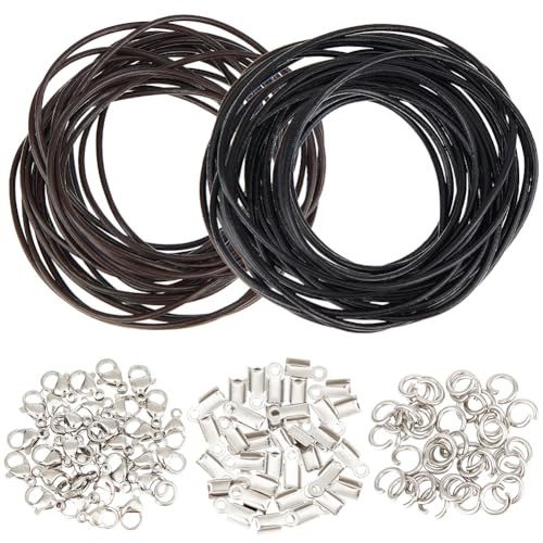 SUNNYCLUE 10M Leather Necklace Bracelet Making Kit Genuine Leather Cord 2mm 150Pcs Stainless Steel Jewelry Findings Black Brown Leather Jewelry Rope Leather Cords for Jewelry Making Kits Supplies