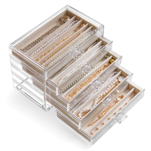 YUFONG Necklace Holder Organizer, Dustproof Necklace Box Velvet Necklace Organizer Box with Lid Clear Acrylic Dustproof Stackable Jewelry Displays for Necklaces Chain Display (Beige, 5 Drawer) - color: Beige, size: 5 Drawer
