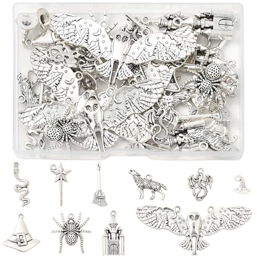 13-200Pcs Assorted Shapes Pendants Charms 14 Styles Antique Silver Bronze Tibetan Alloy Charms Vintage Pendants for Jewelry Bracelets Neckalces Earrings Keychains Making and Crafting - color: Halloween6A- 40 pcs