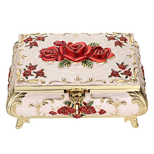 Hipiwe Metal Decorative Jewelry Box Vintage Treasure Chest Case Ornate Trinket Organizer Earrings Necklace Bracelet Storage Box Ring Holder Keepsake Box for Women - color: Beige, size: Large
