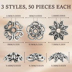 150Pcs Flower Spacer Beads Caps, Antique Silver Flower Spacer Bead Caps Bali Style, 3 Styles Vintage Ring Spacer Cap for DIY Bracelet Necklace Earrings Jewelry Making Supplies