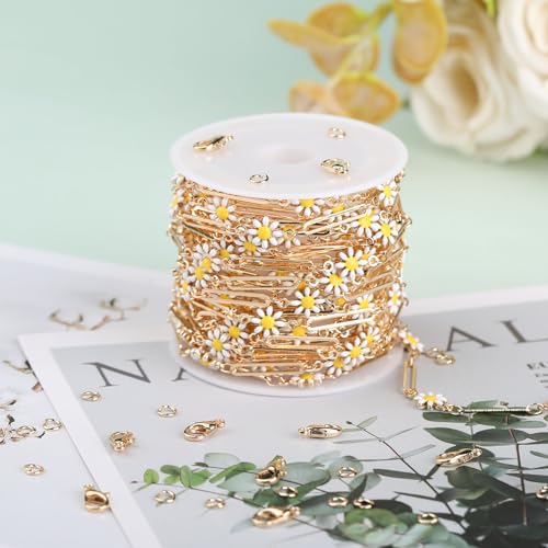 KYUNHOO 5 Meters Daisy Chains for Jewelry Making Flowers Link on Roll Paperclip Chain for Jewelry Craft DIY Supply Findings - color: White Daisy Paperclip