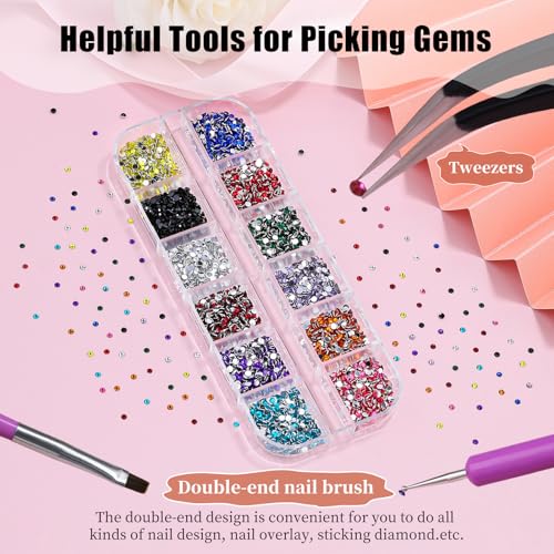 4000pcs 2mm Flatback Nail Art Rhinestones, Resin 3D Sparkling Nails Crystal Diamonds Gems Mini Charms with Tweezers and Dual-end Brush for Nail Art, Crafts Artwork DIY, Face Makeup Gems Jewels (6-K1) - color: 6-K1-soild-color