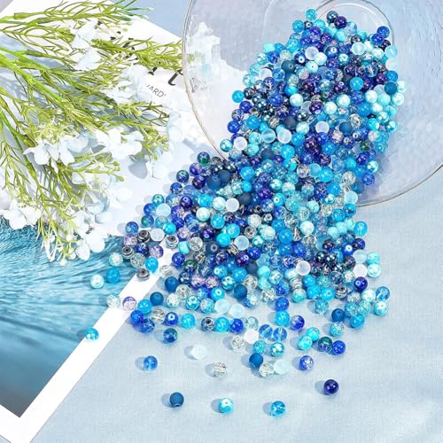 PH PandaHall 720pcs 8mm Blue Beads for Jewelry Making Glass Beads 24 Color Bracelet Bead Round Craft Loose Bead for Bracelets Necklaces Earring Summer Hawaii Boho Heshi Surfer Wave Jewelry Making - color: Blue