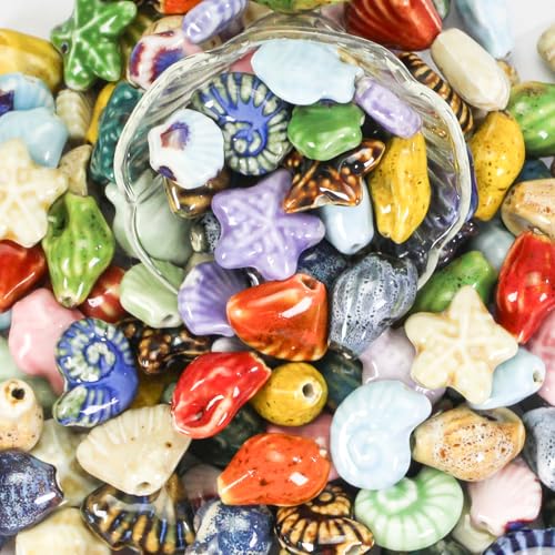 Assorted Ceramic Ocean Shell Fish Starfish Beads for Jewelry Making and Bracelets, 0.6lb Mixed Porcelain Ceramic Bead Summer Beads Assortments Bulk for Party Decoration Making DIY Craft Accessories - color: 0.6 Pounds
