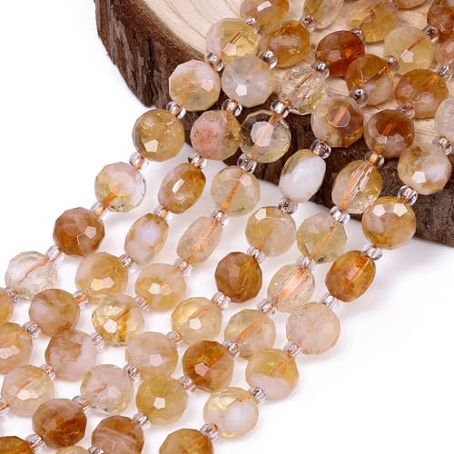 8×5mm Citrine Natural Stone Beads for Jewelry Making About 35-40pcs 1 Strand 15" Drilled Flat Faceted Cabochon Gemstone Beads for Bracelets Necklace DIY Crafts - color: Citrine