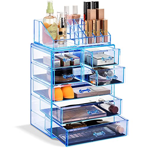 Sorbus Acrylic Makeup Organizer Set, 7-Drawer Vanity & Countertop Cosmetic Storage with Small & Wide Compartments, Blue Brilliance Makeup Storage for Brushes, Jewelry – Holiday Gift for Women & Teens - color: Blue Brilliance, size: 3 Large, 4 Small Drawer