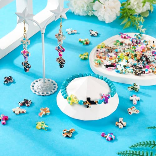 100 Pcs Turquoise Cross Beads Colorful Stone Cross Charms Synthetic Turquoise Stone Beads Easter Cross Crucifix Charms for Easter Holiday Bracelet Necklace Jewelry Making - color: Colorful-Cross
