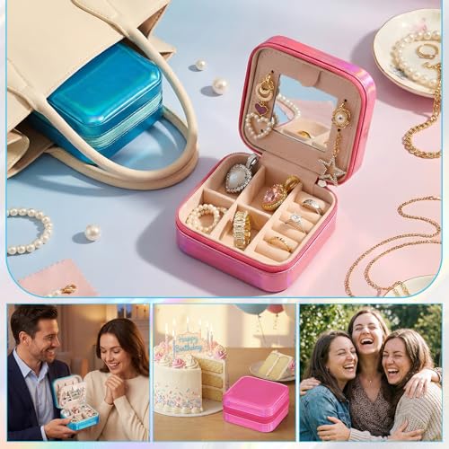Nosiny 2 Pack Mother's Day Travel Jewelry Box with Mirror Small Laser Jewelry Case Organizer for Women Gift Rings Earrings(Rose Red and Dark Blue) - color: Rose Red and Dark Blue