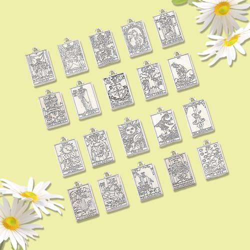 SUNNYCLUE 1 Box 40pcs 20 Styles Silver Tarot Card Charms Tarot Charms Bulk Antique Silver Tibetan Style Rectangle Moon Sun Star Lucky Ouijas Halloween Gothic Pendants Bulk for Jewelry Making Earrings - color: Antique Silver